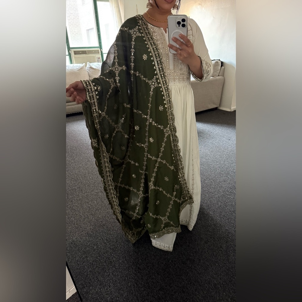 Elegant Green and White Embroidered Dress